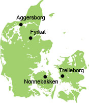 Her kan du se placeringen af de fire ringborge fra vikingetiden. De fire ringborge fra vikingetiden