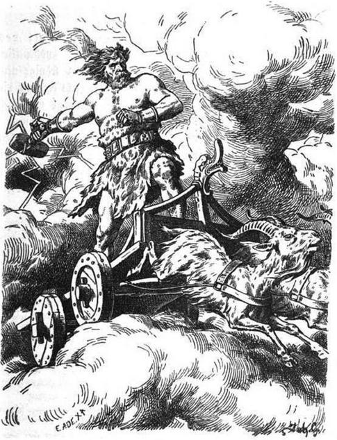 Thor kører over himlen i sin vogn trukket af gedebukkene Tandgnost og Tandgrisner og frembringer lyn og torden med sin hammer Mjølner. Tegning: Johannes Gehrts. Thor kører over himlen i sin vogn trukket af gedebukkene Tandgnost og Tandgrisner og frembringer lyn og torden med sin hammer Mjølner.